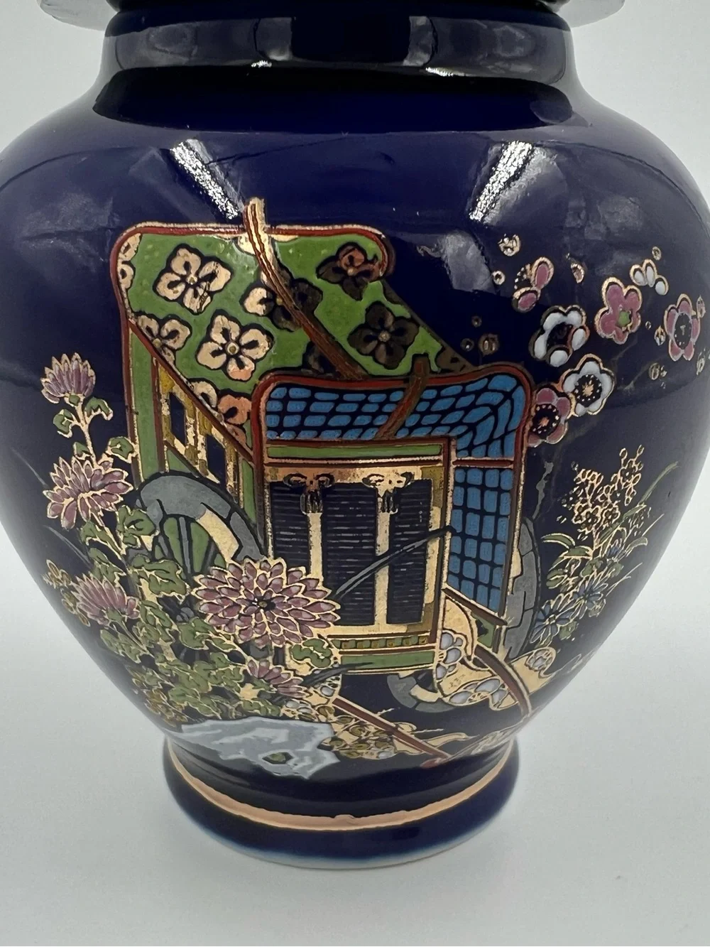 Vintage Sato Gordon Japan Kutani Cobalt Blue Ginger Jar Rickshaw & Flowers 4.5”